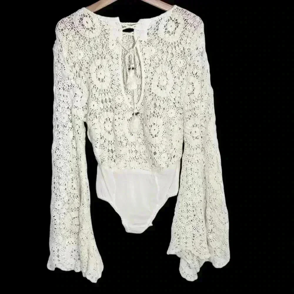 NWOT Free People Desert Daze Boho‎ Bodysuit Crochet | White | SZ XS